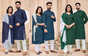 Ensemble Kurt formel élégant en pur coton avec broderie Butti et séquence Bandanas ethniques indiens pour la collection de couples - Product Image 6