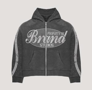 Custom Logo Stacked 2 Piece Acid Wash Rhinestones Streetwear Flare Pants & Hoodie Set Custom Design Screen Printed Tracksuits - Product Image 6