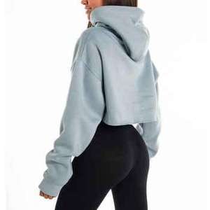 Pour femme 2025 nouveauté haut court sweats à capuche haut court à capuche à manches longues pour femmes hauts surdimensionné 100% coton gris à capuche - Product Image 5
