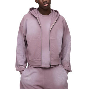 High Quality Winter <b>Oversized</b> Boxy Pocket Rhinestone Diamond Zip <b>Hoodie</b> Spray Washed Man Tracksuit Shorts Set 100% Cotton <b>Fleece</b> - Product Image 4