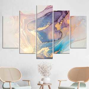 Art mural en verre chatoyant : Toile imprimée avec un élégant motif de marbre bleu, LOT DE 5 TOILES ASSORTIES - Product Image 1