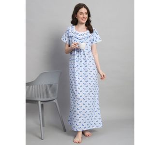 Camisón de Encaje 100% Algodón para Mujer, Manga Media, Largo Completo, Tela Transpirable, Cuello con Estampado Floral, Elegante, Primavera Otoño - Product Image 1