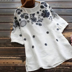 Top de algodón con estampado Floral de alta calidad para mujer, camisa informal de cuello redondo de Color sólido con logotipo frontal, diseño a cuadros transpirable - Product Image 1