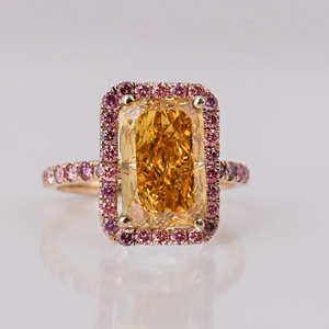 Yellow Radiant Cut Lab Grown Diamond Halo Setting Pink Round Diamond Engagement Ring 18K <b>Solid</b> Gold Trendy Style Women Gift Ring - Product Image 2