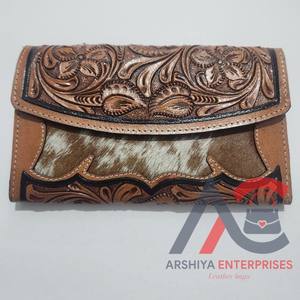 Porte-monnaie sculpté usiné à la main pochette coque de téléphone élégant en cuir véritable cheveux sur portefeuille en cuir de vachette multi-usages portefeuilles en cuir occidental - Product Image 1