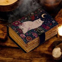 Carnet Wiccan en Cuir Fait Main avec Imprimé Chat et Artémisia Bleue, 7x5'', Reliure Thermique, 120 Feuilles, Papier à Bords Frangés, Livre de Sortilèges, Grimoire