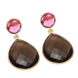 Pendientes de Plata de Ley 925 para Mujer, Diseño de Gota, con Cuarzo Ahumado Natural Marrón, Chapados en Oro, Hechos a Mano - Product Image 1