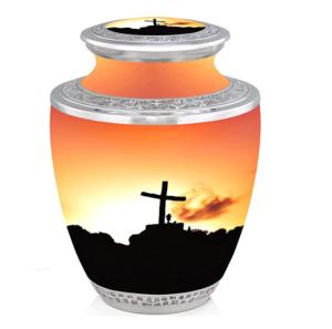 Urnas de aluminio para adultos de cremación con pegatina de diseño cruzado y acabado de color naranja y tira plateada - Product Image 1