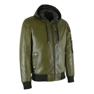 Blouson à capuche en cuir pour homme, nouveau Style bombardier vert avec capuche détachable - Product Image 2
