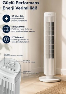 Ventilateur colonne électrique sans pales Kumtel KTF-258W, design en plastique blanc, 50W, minuterie, 3 vitesses, télécommande, oscillant, usage domestique - Product Image 3