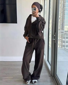 Venta caliente Conjunto de dos piezas informal personalizado Sudadera con capucha con cremallera Deportes Ropa informal suelta Conjunto de Top y pantalón sólido para mujeres Uso diario - Product Image 2