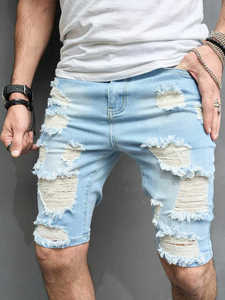 Shorts en jean Oxford personnalisés pour hommes, respirants, longueur genou, séchage rapide, style streetwear ample et déchiré - Product Image 6