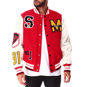 Premium Vente Chaude Laine Manches En Cuir Rouge Blanc Boutonné Hommes Chenille Patches Varsity Veste - Product Image 5