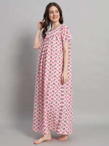 Chemise de nuit en dentelle 100% coton pour femmes, manches courtes, longueur totale, tissu respirant, imprimé floral, printemps, automne, été, élégante - Product Image 2