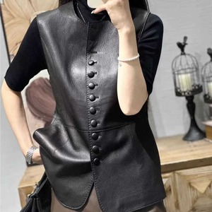 Nueva fábrica de moda de las mujeres Chaleco de cuero sin mangas de color sólido liso Chaleco de cuero genuino personalizado - Product Image 2