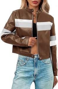 Chaqueta de motorista recortada de invierno para mujer, bombardero de piel sintética de piel de oveja con cierre de cremallera transpirable, método de tejido no tejido - Product Image 2