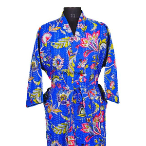 Peignoir en coton 100% fait main, élégant, imprimé floral indien, couture Kantha, kimono décontracté, été, hiver, vêtements de bain - Product Image 3