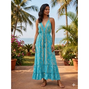 Free Size Y2K Natural Boho Indian Woven Silk A-Line Maxi Floral Print Korean Summer V-neck Sleeveless Sweet Casual Washable - Product Image 1