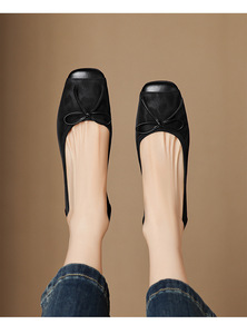 ส้นสูงสีดำหัวเหลี่ยมสำหรับผู้หญิง, ส้นรองเท้าสำหรับเต้นรองเท้าส้นเตี้ยทำจากหนังวัวแท้ส้นเตี้ยสำหรับผู้หญิงรองเท้าเต้นรำติดโบว์ - Product Image 3