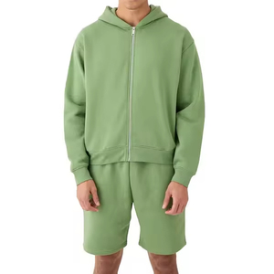 Conjunto de pantalones cortos y sudadera con capucha y cremallera de forro polar 100% algodón para hombre, ropa de entrenamiento de dos piezas con logotipo impreso para invierno, conjuntos para hombre - Product Image 3