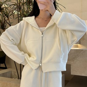 เสื้อฮู้ดแขนยาวมีซิปสองชั้นสไตล์เกาหลีสำหรับผู้หญิงแจ็คเก็ตกีฬาทรงหลวมสีพื้นสำหรับฤดูหนาว - Product Image 2