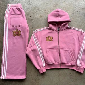 OEM Fabricante Y2K Hombres French Terry 100% algodón de gran tamaño de peso pesado con cremallera completa Sudadera con capucha y conjunto de chándal Jogger - Product Image 2