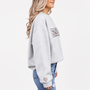 Women's Oversized Baseball <b>Mama</b> Graphic Crewneck Sweatshirt-Heather Grey Cotton/Polyester Blend 360g Breathable Fleece Pullover - Product Image 3