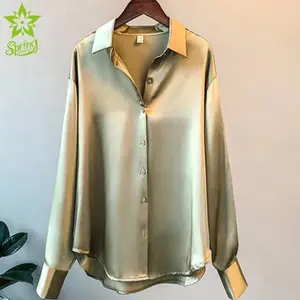 Muestra gratis OEM/ODM Vintage mujer satén camisa blusas Tops Turn Down Collar manga larga botón blusa para mujer tendencia suelta