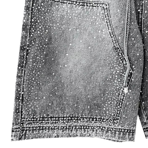 Short en jean personnalisé à strass pour hommes, short vintage en denim 100% coton, bleu clair, short en jean cristal à bord brut - Product Image 5
