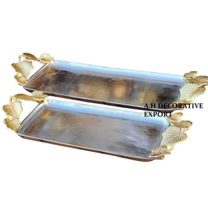 Gold Leaf Handle Handmade Recyclable Serving <b>Tray</b> Decorative Metal Platter for Wedding Table & Home Decor Dishwasher Safe - Product Image 1