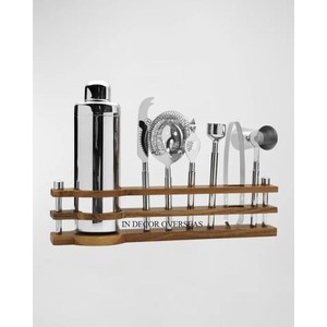 Top Quality Stainless Steel Silver Shiny Polished <b>Cocktail</b> Shaker Bottle Opener Tong And Other Bar Items <b>Set</b> With Wooden Stand - Product Image 1