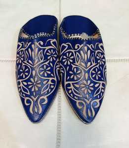 Wholesale Handcrafted Navy Blue Moroccan Leather Babouche Slippers Floral Engraved <b>Mules</b> Oriental Flat Slip On Shoes - Product Image 1