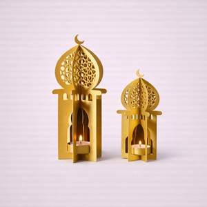 Ensemble de lanternes du Ramadan en métal doré avec motif de croissant de lune, découpe complexe, porte-bougie chauffe-plat, décoration de fête élégante pour la maison - Product Image 1