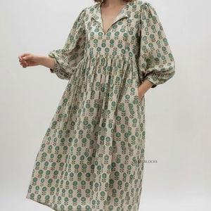 Vestido Midi Bohemio Kyra, Estampado a Mano, Algodón, Casual, para Mujer, con Cierre de Cordones - Product Image 1