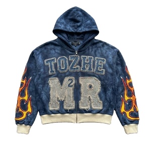 Felpa con Cappuccio da Uomo 100% Cotone Pesante Stile Streetwear Lavaggio Acido Effetto Sbiadito Oversize con Strass Ricamati Stampa <span class=keywords><strong>e</strong></span> Zip Personalizzata - Product Image 3