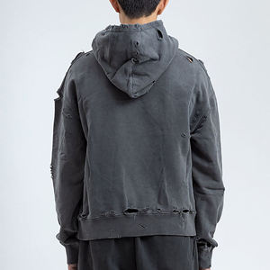 Sweat-shirt à capuche noir délavé pour homme, surdimensionné, déchiré, en molleton, streetwear, ourlet brut, sweat-shirt privé 100% coton - Product Image 2