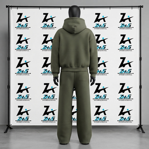 Breathable Olive Green Hooded Tracksuit Full Zipper Loose Fit 100% Cotton Solid Color Casual Autumn Wear Sweatsuit Unisex - Product Image 2