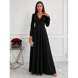 Women's Long-Sleeved Wrap-Neck Pleated Waist <b>Corset</b> Detail Long Shimmering Crepe Dress, 37323 - <b>Black</b> - Product Image 3