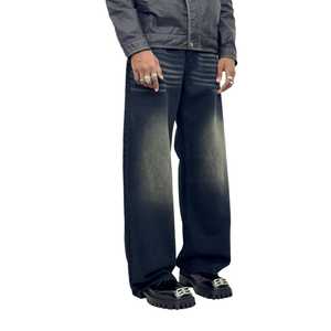 Customizable <b>Men's</b> <b>Wide</b> <b>Leg</b> Mid Waist Denim <b>Jeans</b> Button Detail Quick Dry Breathable Fabric Distressed Stone Wash Sun Fade - Product Image 1