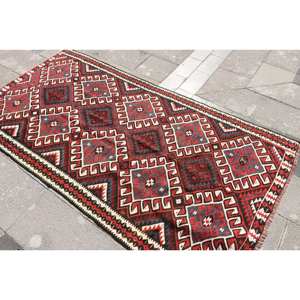 Alfombra de lana negra y roja Kilim de área grande, 3,7x7,1 pies, tejido plano turco, respaldo de látex, pila de felpa para habitación de pasillo, Alfombra de habitación modelo - Product Image 4