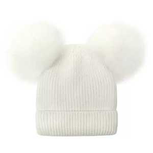 Vente en gros joli bonnet en laine d'hiver à double pompon pour enfants filles, bonnet tricoté pour vêtements d'extérieur, bonnet et écharpe avec logo brodé - Product Image 3