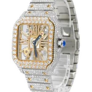 Montre de luxe en alliage d'or de style hip-hop 40mm Moissanite Diamond Skeleton Square Design Stainless Steel Quartz Glass - Product Image 1
