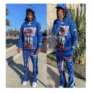 Custom Baggy Jogger Tracksuit For Men Dtg Print Piping Sweat Suit Y2K Street Retro Letter Print Hoodie Sweatpants Two-Piece Set - Product Image 1