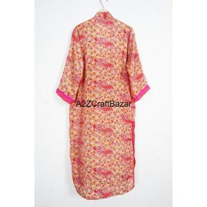 Robe longue bohème en patchwork de sari en soie 100% faite à la main pour femmes, col en V, cordon de serrage, manches longues, douce, hiver, automne, été - Product Image 5