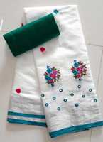 Blanc pur lin flammé Saree broderie à la main miroir inde travail lourd glands contraste Blouse correspondant aux fêtes indiennes
