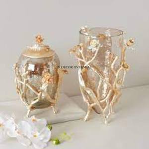 Customized Size <b>And</b> Logo Available Top Quality Clear Glass <b>And</b> Heavy Duty Metal Leaves Designer Flower Vase Home <b>Decor</b> Supplies - Product Image 5