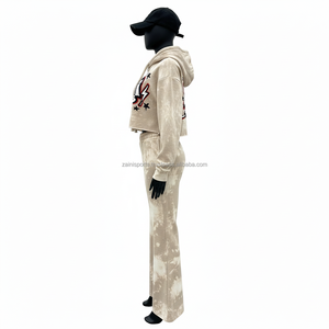 Ensemble de survêtement pour femme en molleton de coton et polyester de qualité supérieure 320GSM, tie-dye, sweat à capuche court, pantalon évasé, logo imprimé à l'écran, survêtements grande taille - Product Image 3