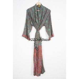 Classy Women's 100% Silk Luxury Kimono Robe V-neck Patchwork Design Drawstring Closure Full Length <b>Long</b> <b>Sleeves</b> Kimono For Girl - Product Image 6