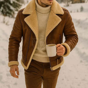 Veste d'hiver en cuir doublée de peau de mouton, chaleur accrue, aspect élégant, haute qualité, logo frontal, design écologique et léger - Product Image 4