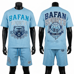 Ensemble T-shirt et short en coton GSM premium pour homme, bleu ciel, logo en strass imprimé en relief, doux, respirant, vêtements d'été, ensemble 2 pièces pour homme - Product Image 1